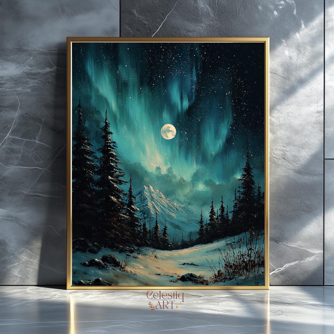 Starry Moonlit Winter Forest Aurora Night Snow Landscape Poster