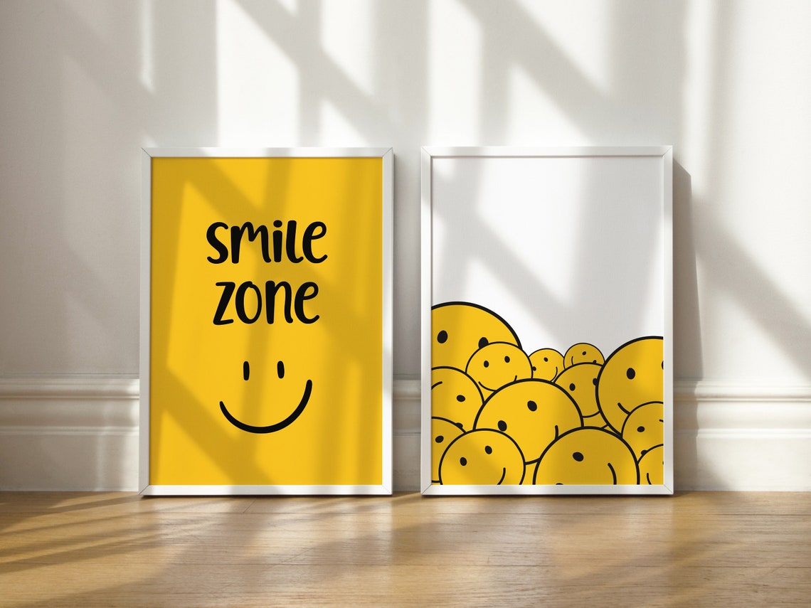 Smile Zone Smiley Faces Duo Yellow Retro Gallery Set of 2 Poster