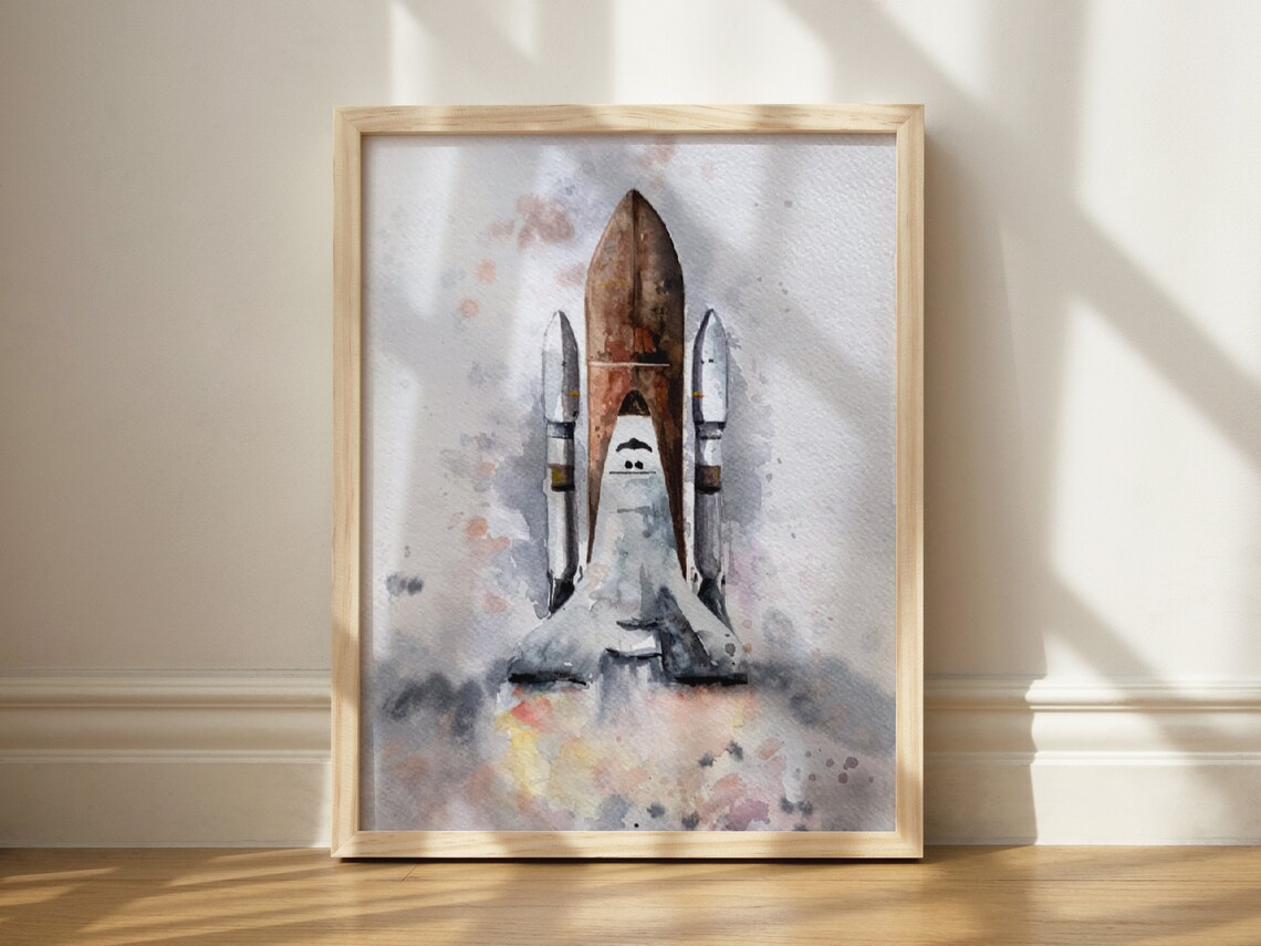 Watercolor Space Shuttle Art Print, Rocket Ship Decor