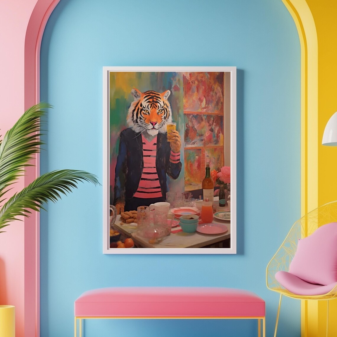 Tiger in a Navy Blazer Holding a Drink at a Party Table Poster
