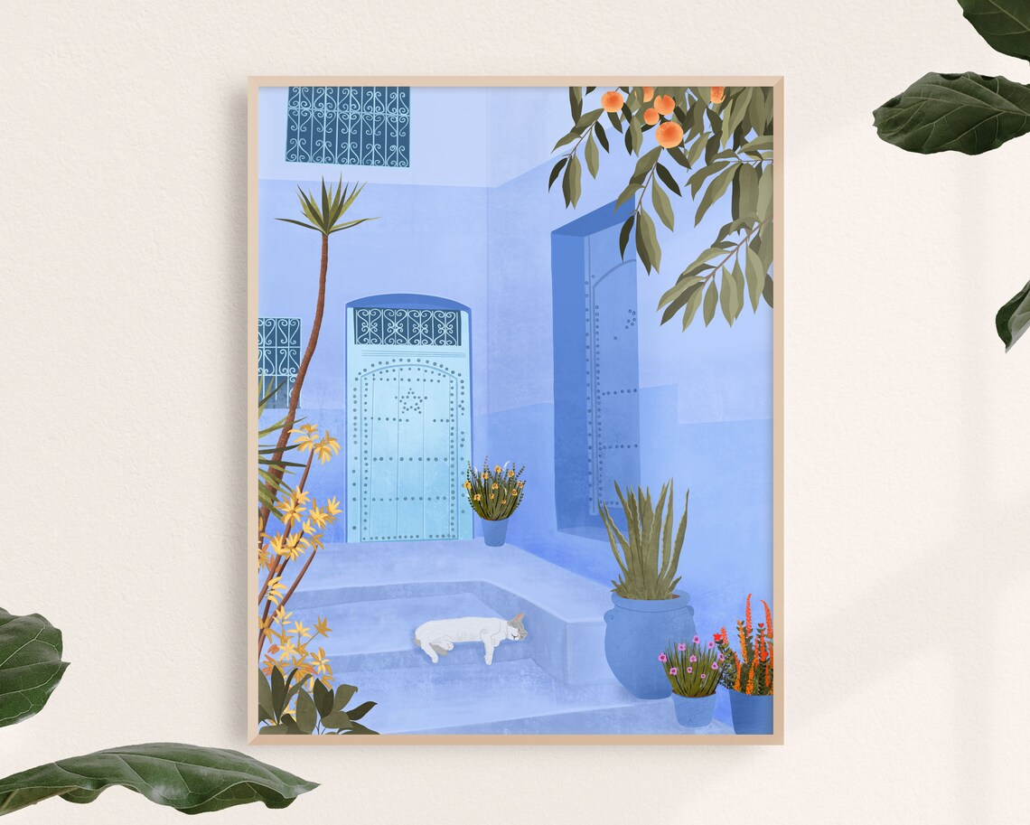 Chefchaouen Morocco Blue City Cat Travel Poster