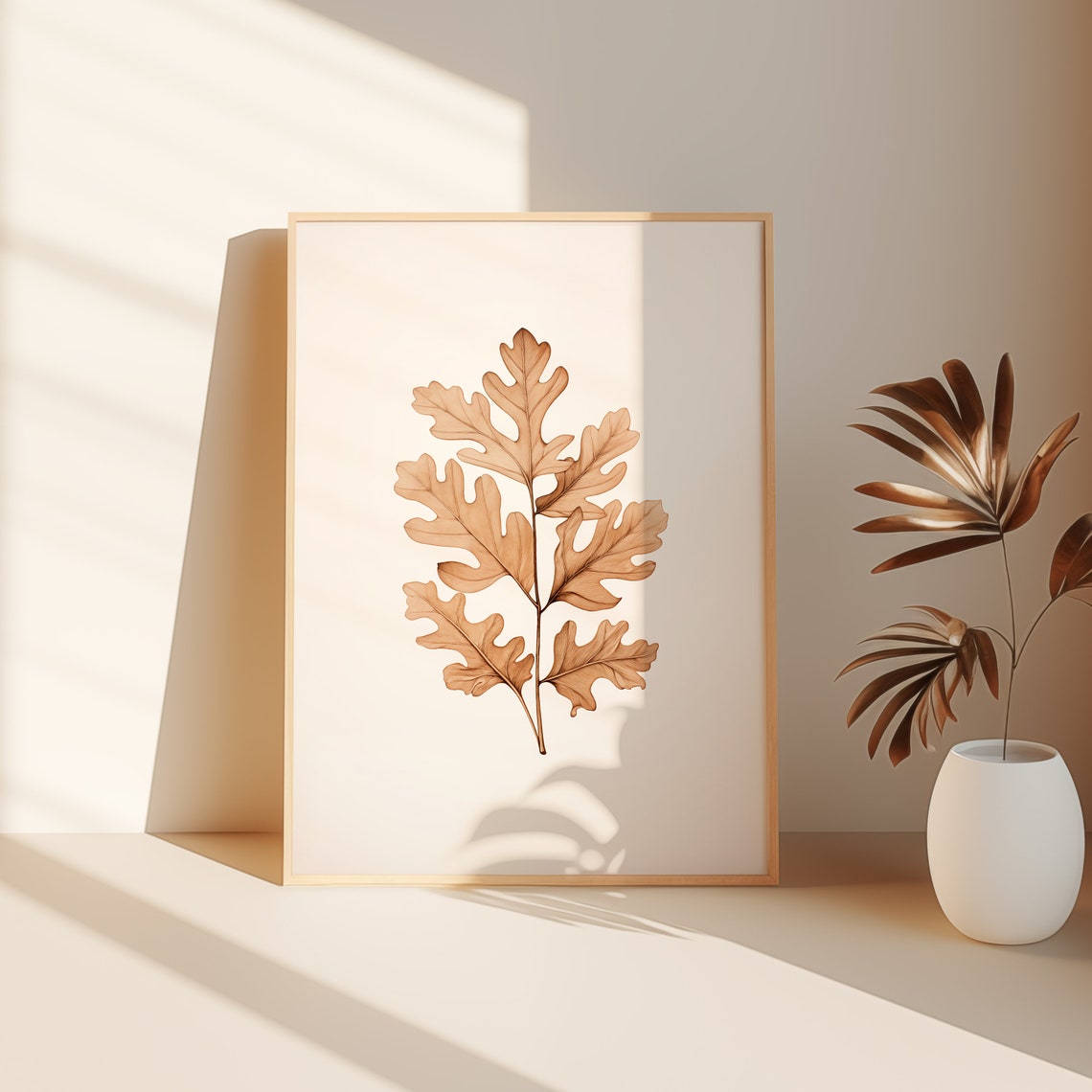 Golden Oak Leaves Branch Minimalist Botanical Autumn Wall Art - Image 3