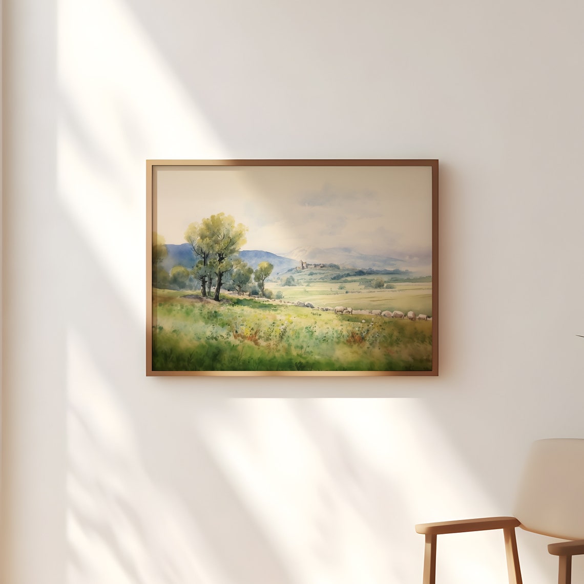 Sheep Grazing in Green Pasture with Distant Castle Watercolor Poster - Image 2
