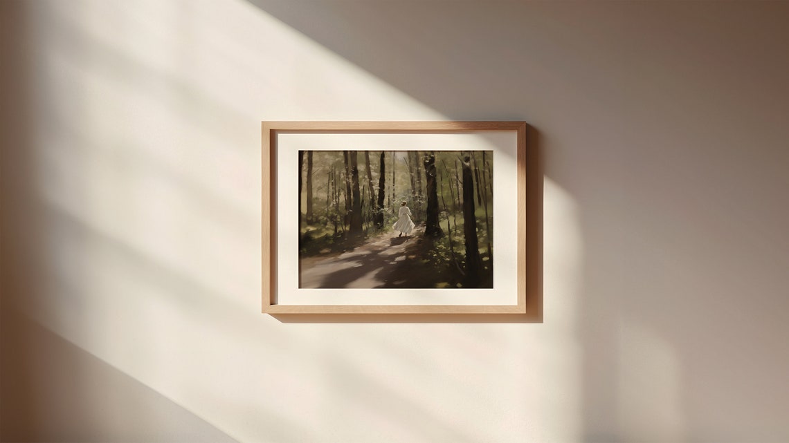 Moody Dark Forest Path Woman in White Vintage Oil Painting Poster - Image 2
