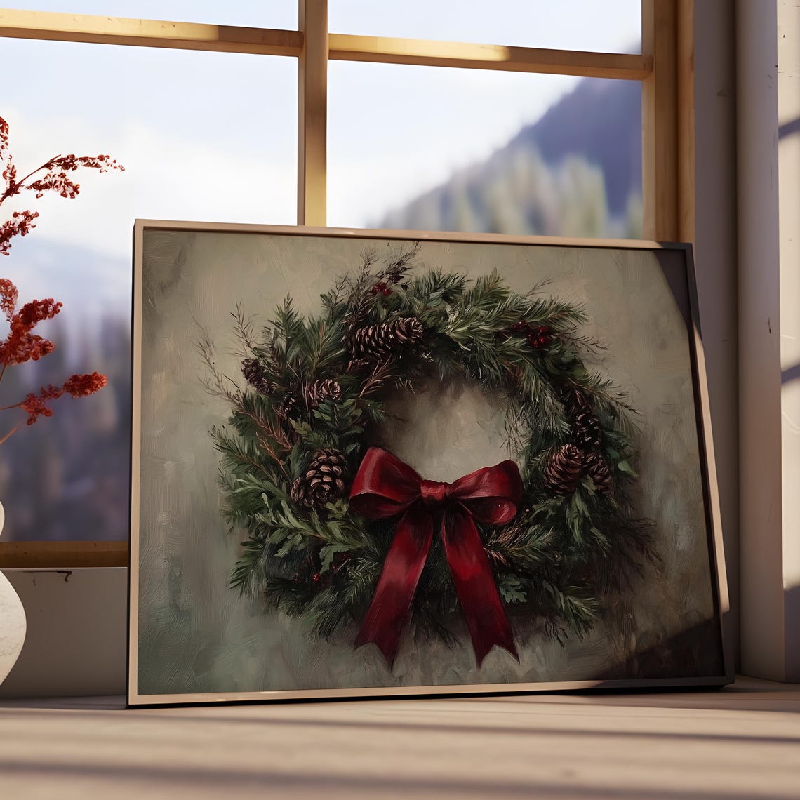 Christmas Pinecone Wreath Red Bow Festive Holiday Decor Poster - Image 3
