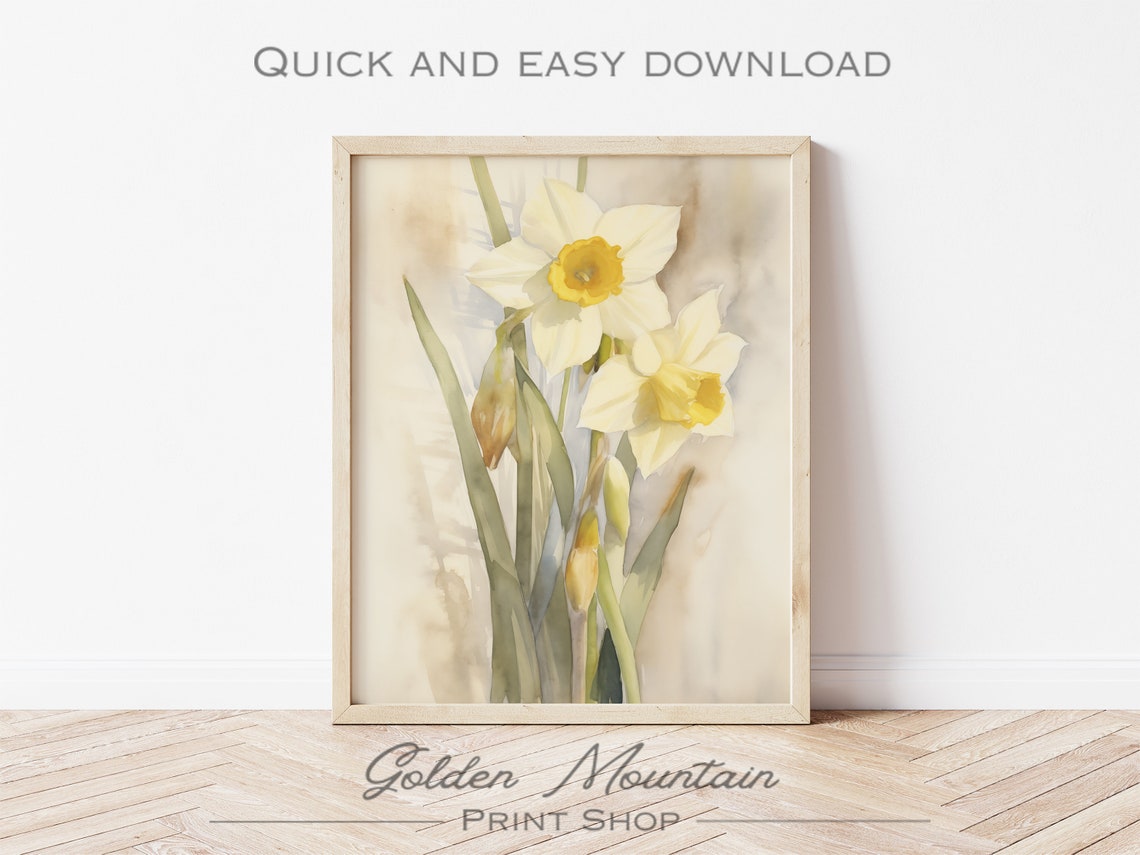 White Daffodil Watercolor Spring Floral Botanical Nursery Wall Art - Image 3