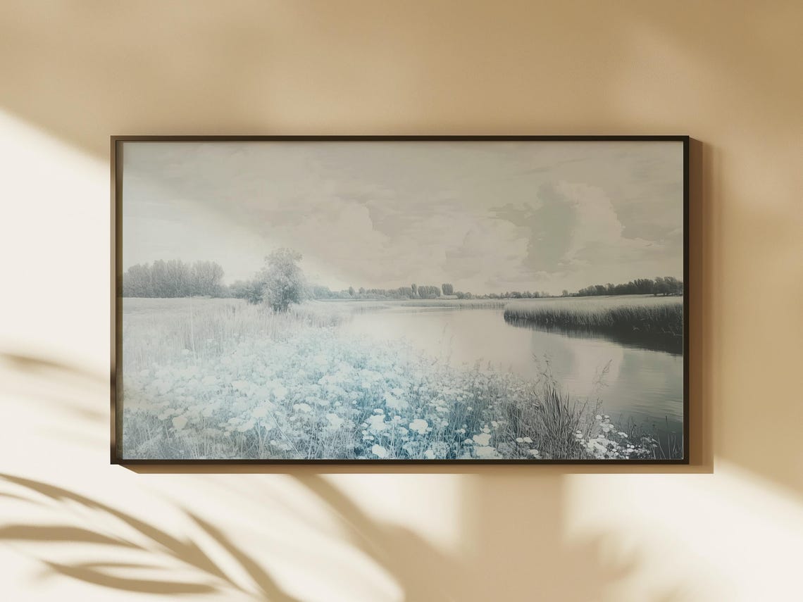 Blue Wildflower Meadow River Soft Neutral Serene Landscape Poster - Image 2