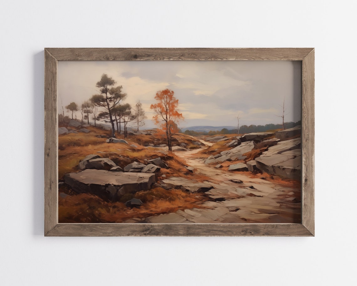 Rocky Autumn Trail Golden Grass Lone Orange Tree Vintage Poster - Image 2