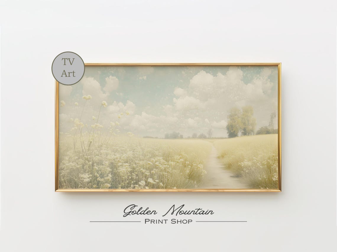 Pale Yellow Wildflower Meadow Path Cloudy Sky Soft Landscape Poster - Image 2
