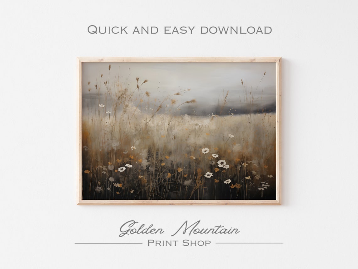Moody Neutral Wildflowers in Tall Golden Grass Dark Academia Poster - Image 3