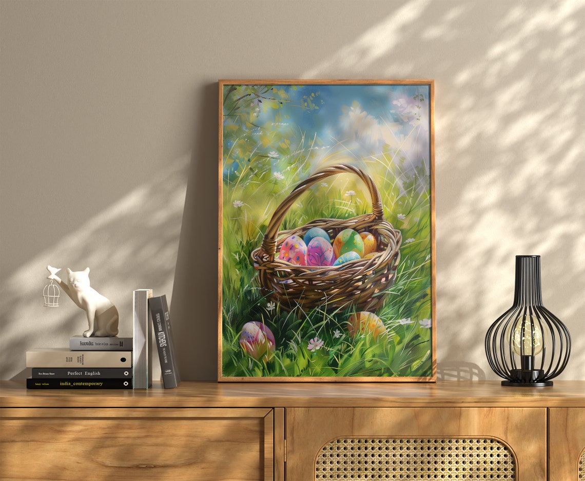Colorful Easter Eggs in Wicker Basket in Spring Meadow Poster - Image 3