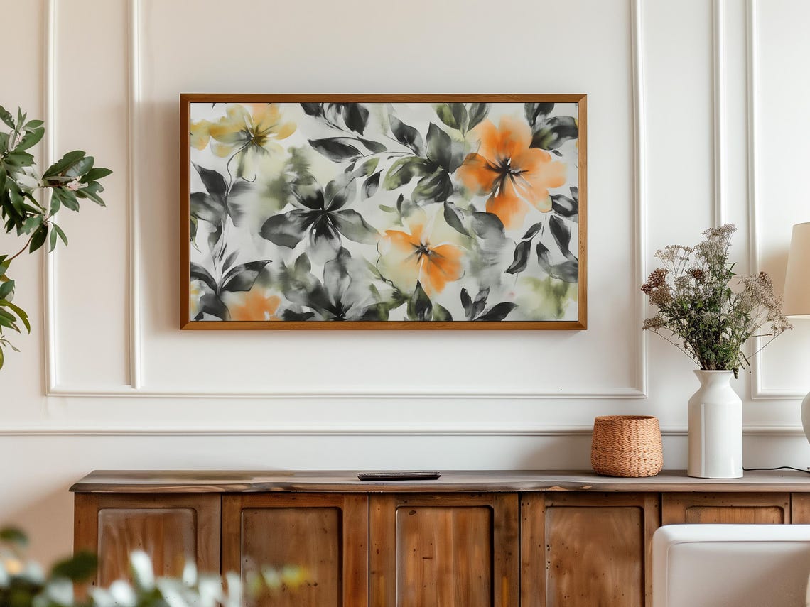 Vibrant Orange Blooms with Ink Black Leaves Abstract Floral Poster - Image 3