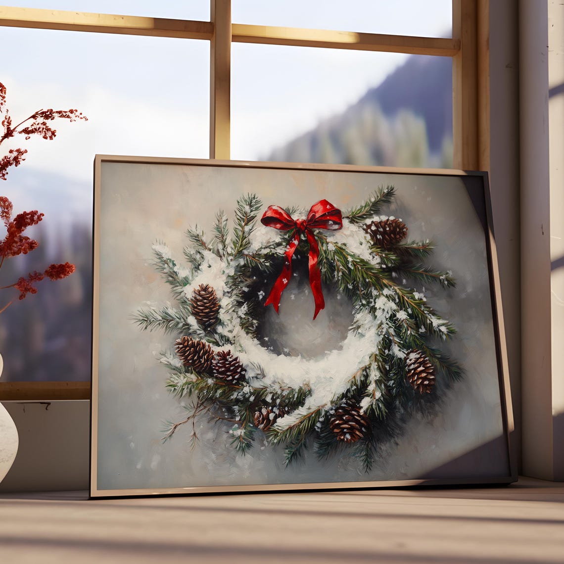 Snowy Pine Wreath Red Bow Pinecones Christmas Holiday Poster - Image 3