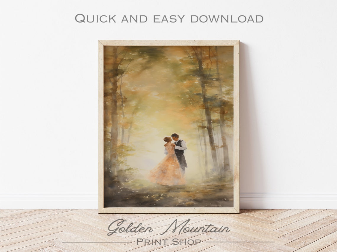 Romantic Couple Dancing in Golden Misty Autumn Forest Scene Print - Image 3