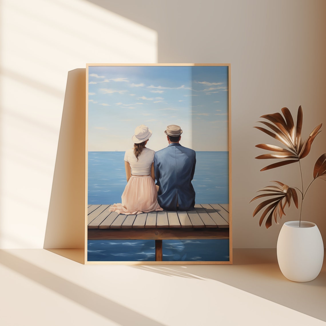 Couple Sitting on Dock Overlooking Calm Blue Sea Serene Romance Poster - Image 3