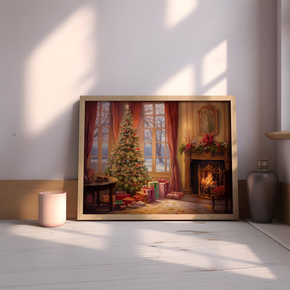 Elegant Christmas Parlor Tree Star Fireplace Gifts Holiday Poster - Image 3