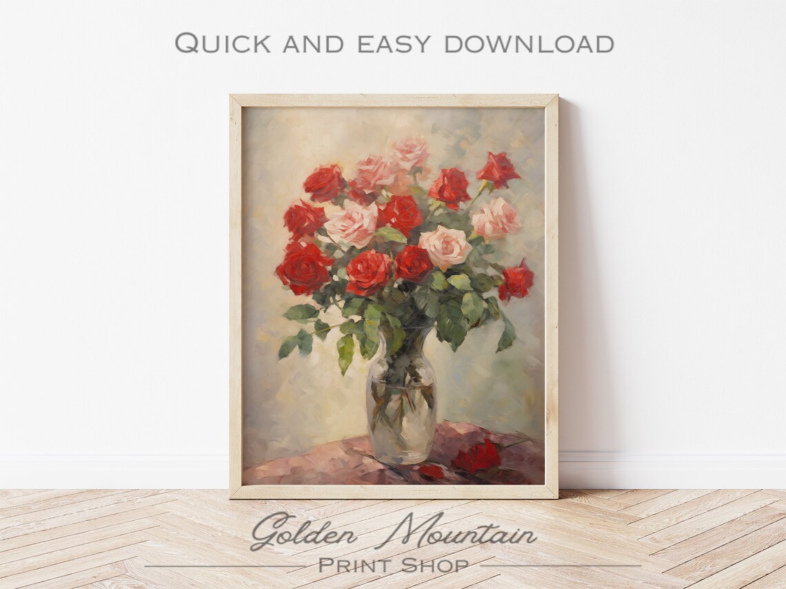 Red and Blush Roses in Glass Vase Romantic Still Life Wall Art - Image 3