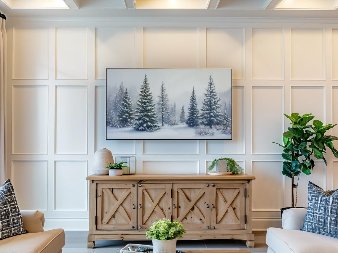 Snowy Pine Forest Foggy Dawn Winter Trees Landscape TV Wall Art - Image 3