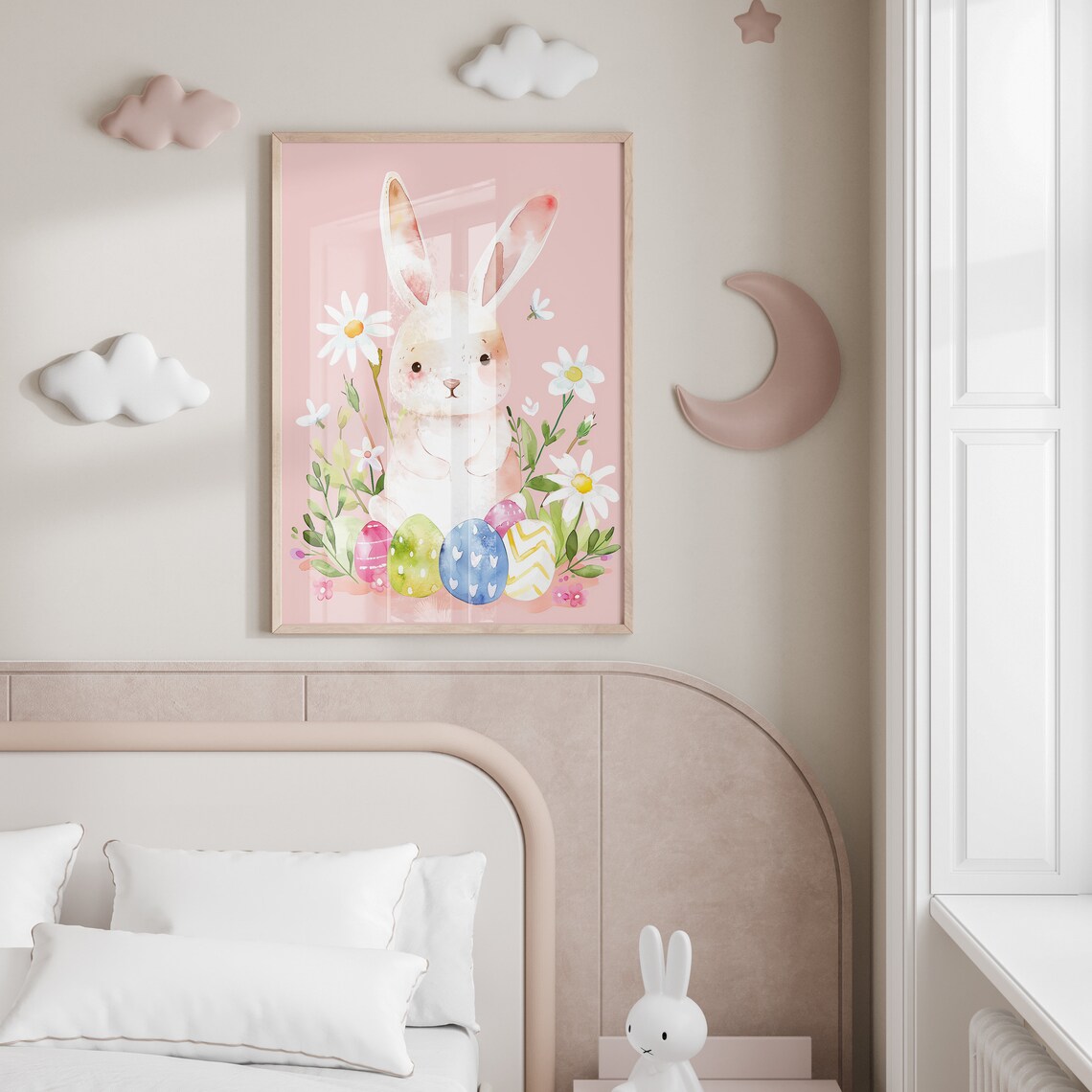 Adorable White Bunny with Colorful Easter Eggs on Pink Nursery Art Poster - Image 2