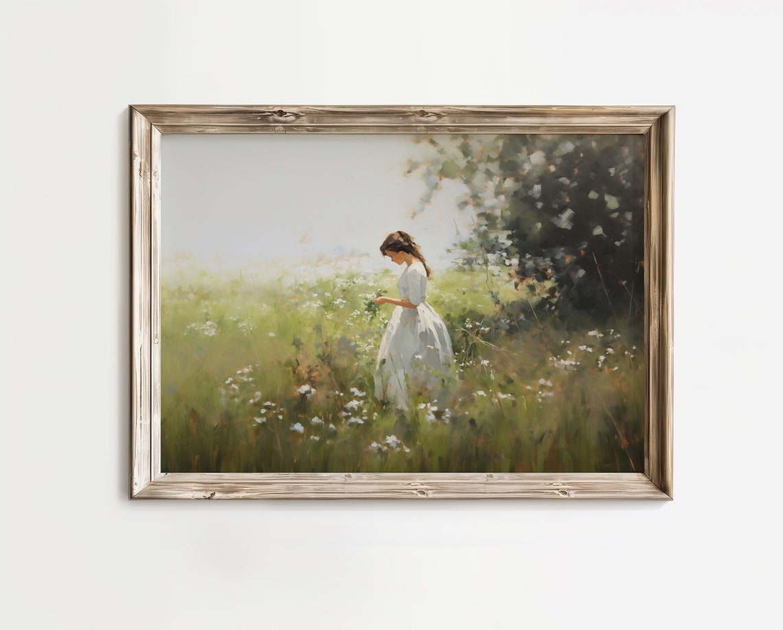 Young Woman in White Dress Gathering Wildflowers Meadow Print - Image 3