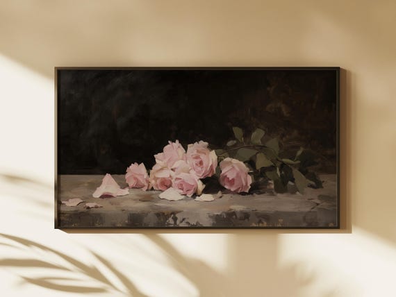 Frame Tv Art Vintage Pink Roses Still Life Painting Botanical Wall Art Neutral Tones Decor Moody Valentines
