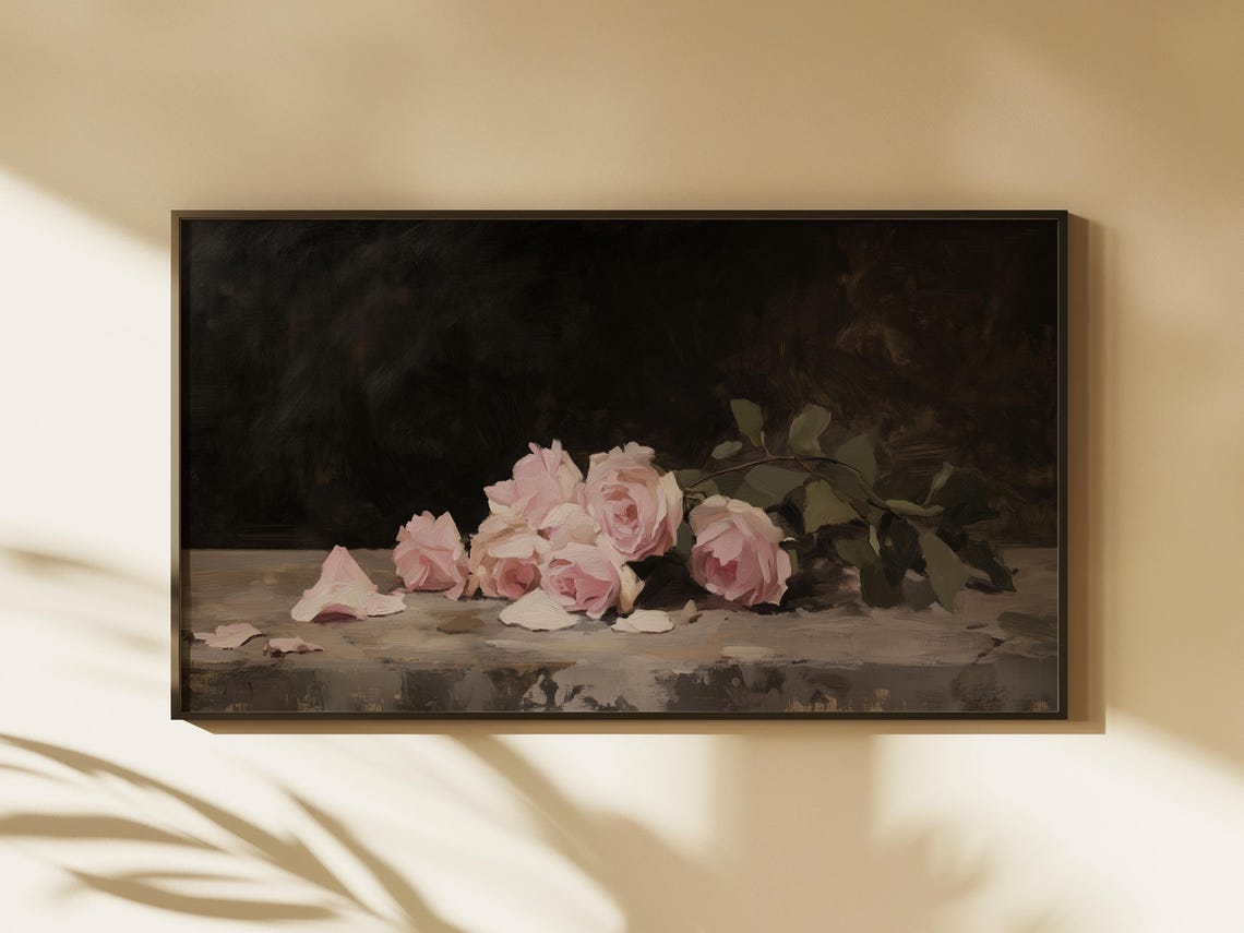 Pink Roses Stone Ledge Dark Moody Floral Still Life Painting Poster
