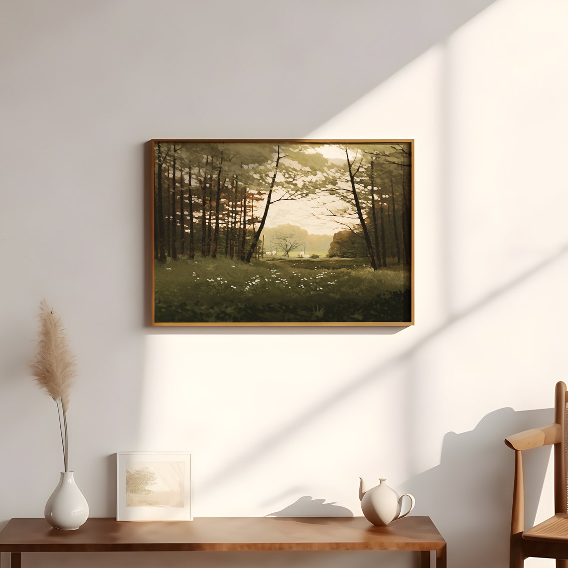 Moody Dark Pine Forest Glade With Wildflowers In Soft Light Poster - Image 2