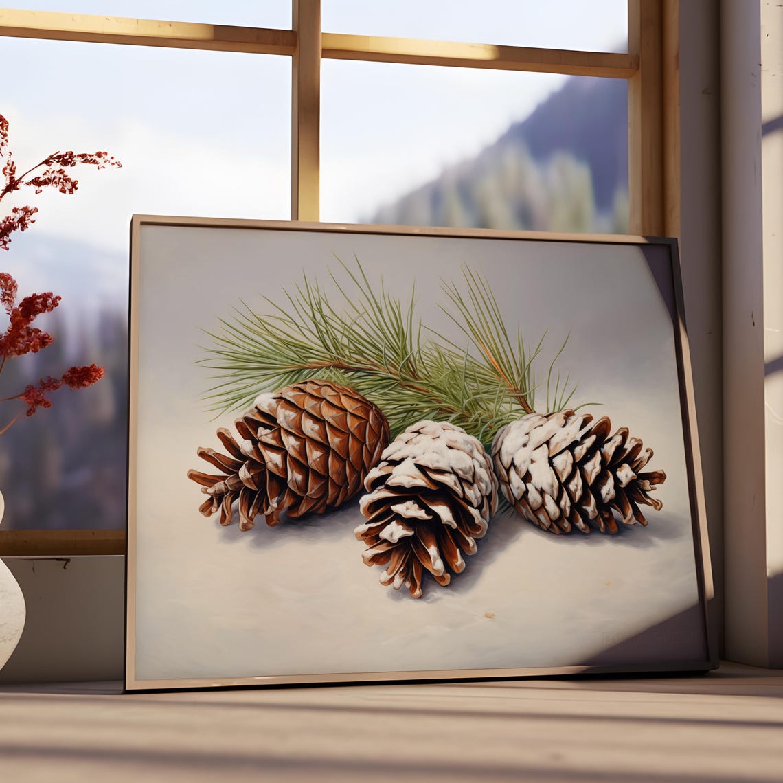 Three Snow Dusted Pinecones With Pine Branch Minimalist Poster - Image 2