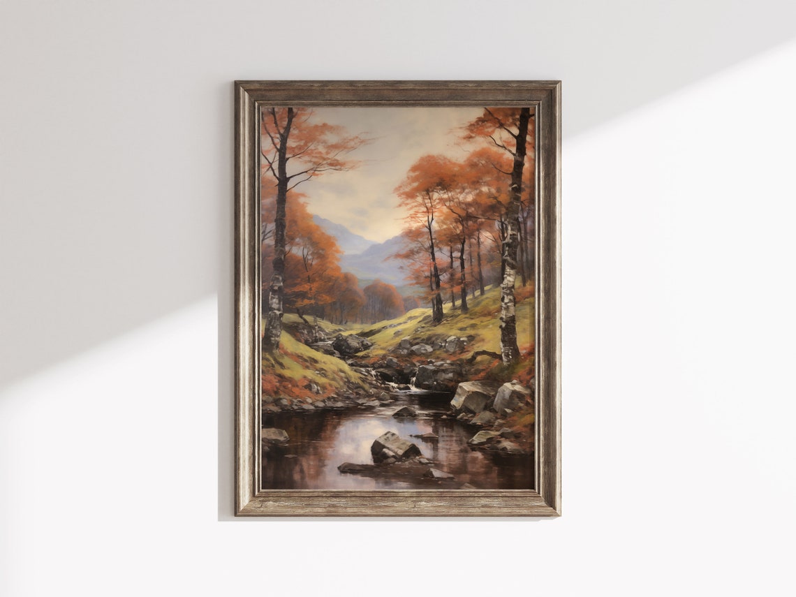 Birch Trees Rocky Stream Autumn Mountain Vintage Landscape Poster - Image 2