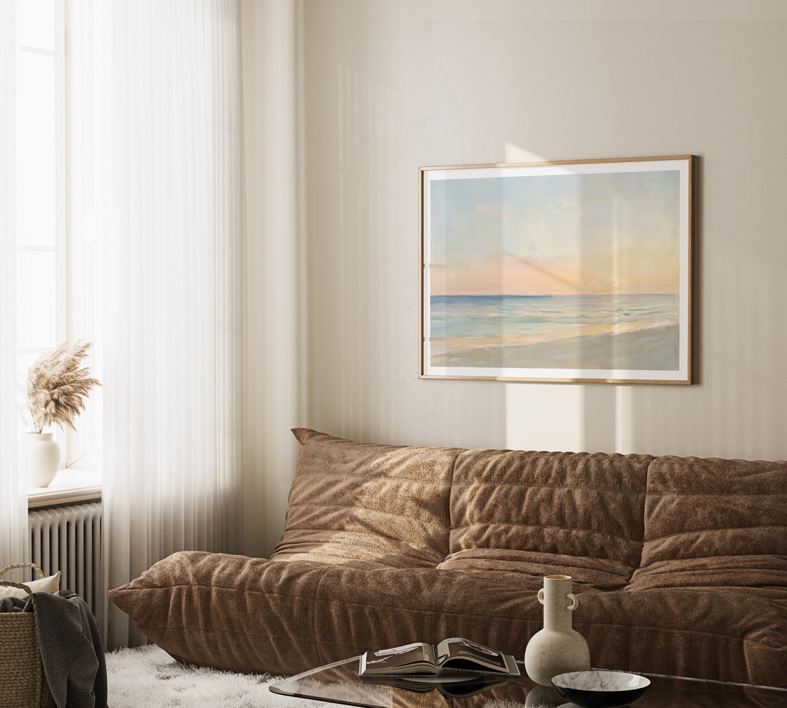 Pastel Beach With Ocean Waves On Sandy Shore Calm Coastal Poster - Image 2