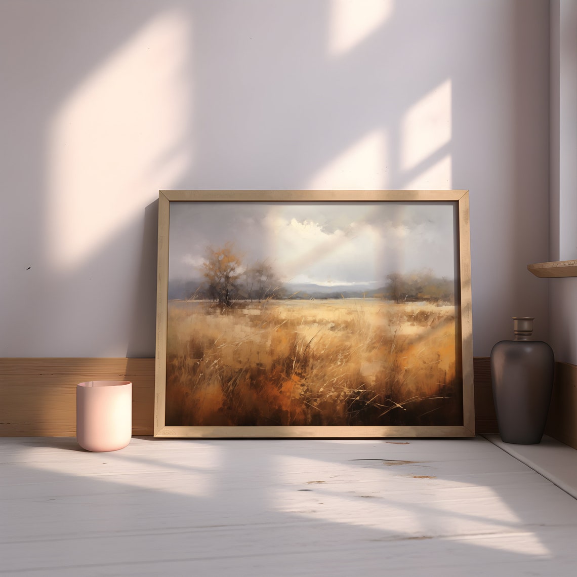Golden Autumn Grassland Under Moody Gray Sky Textured Field Poster - Image 3