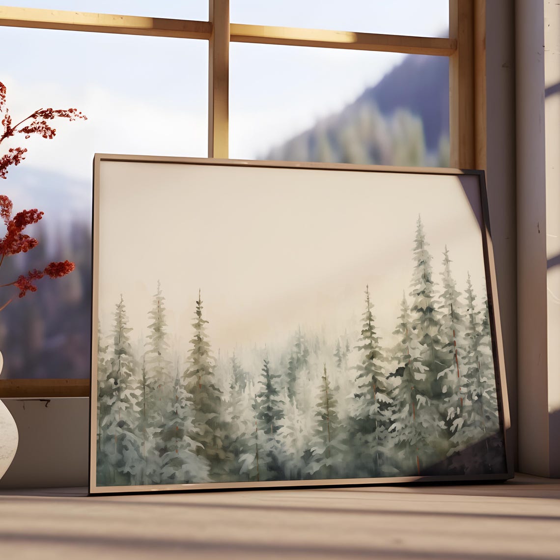 Misty Snowy Pine Forest Winter Watercolor Evergreen Trees Poster - Image 3