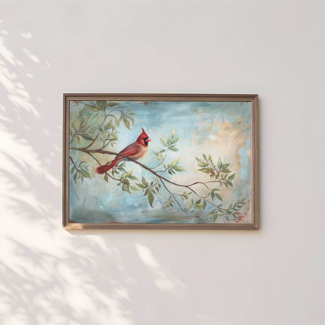 Northern Cardinal Red Bird Branch Soft Pastel Blue Bird Poster - Image 2