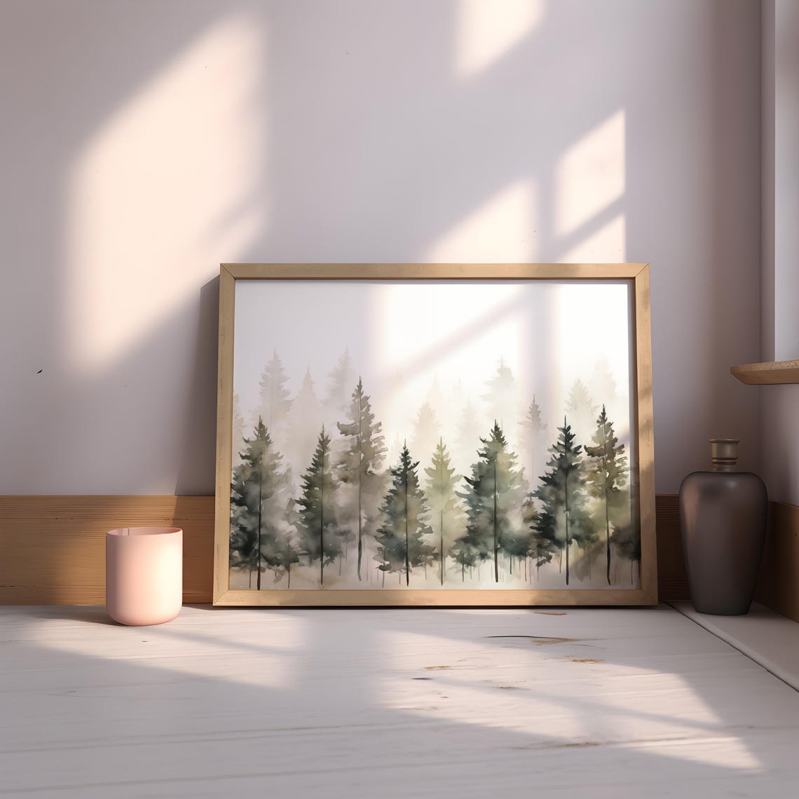 Misty Evergreen Forest Watercolor Rustic Woodland Landscape Poster - Image 2