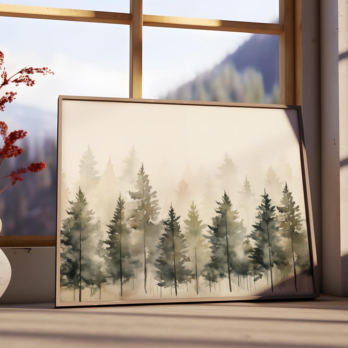 Misty Evergreen Forest Watercolor Rustic Woodland Landscape Poster - Image 3