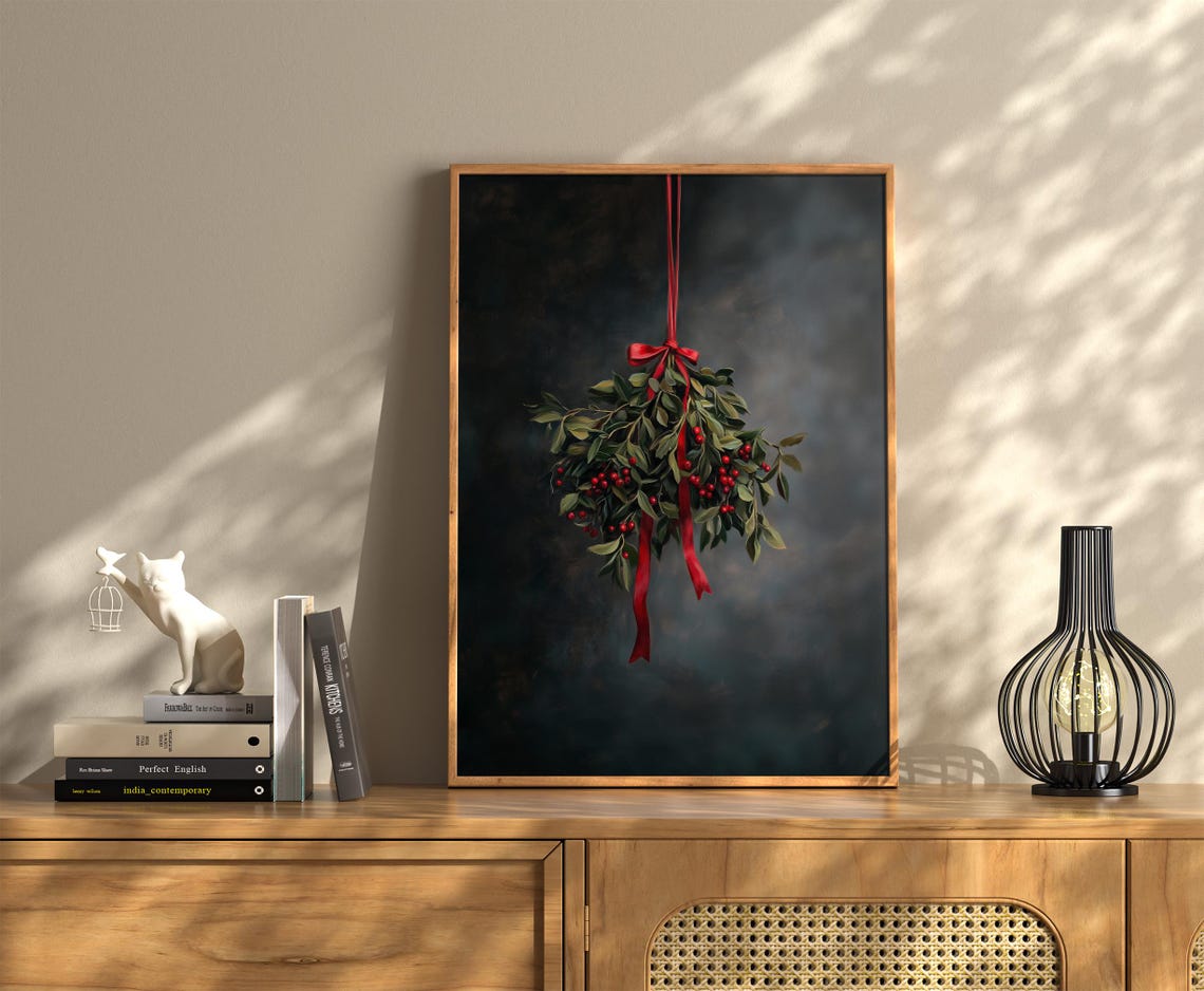 Mistletoe Red Ribbon Christmas Botanical Moody Holiday Wall Art - Image 2