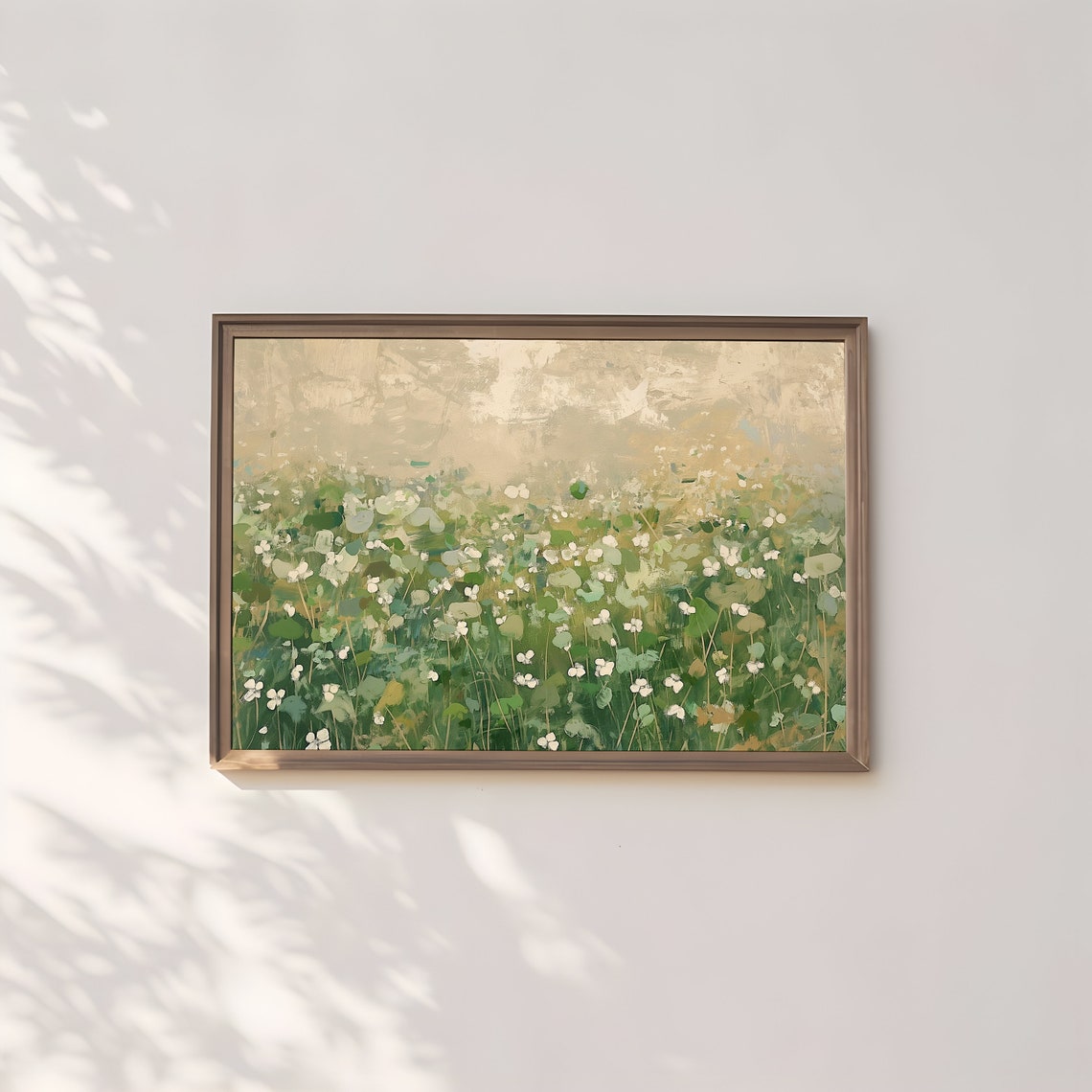 Abstract Green Meadow White Wildflowers Spring Landscape Wall Art - Image 3