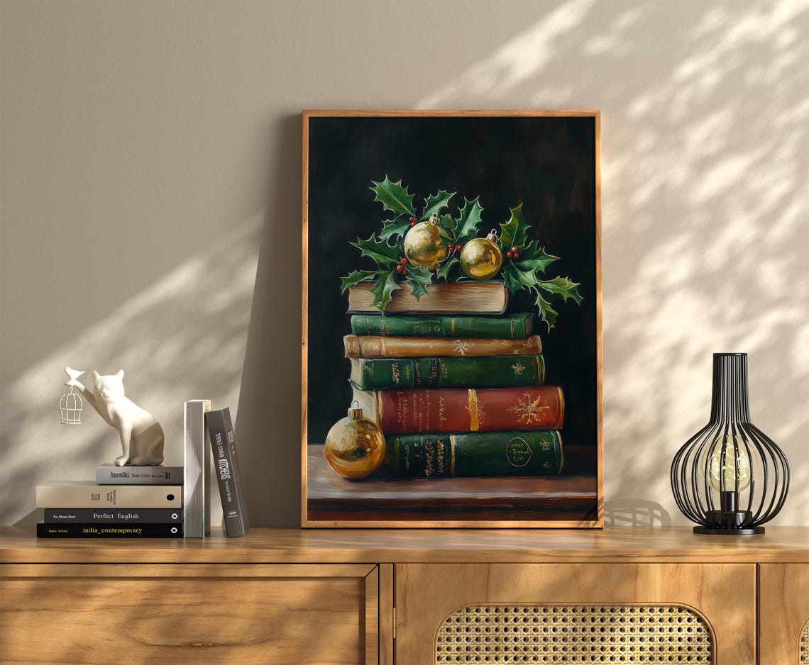 Moody Christmas Book Stack Gold Baubles Holly Berries Decor Poster - Image 2