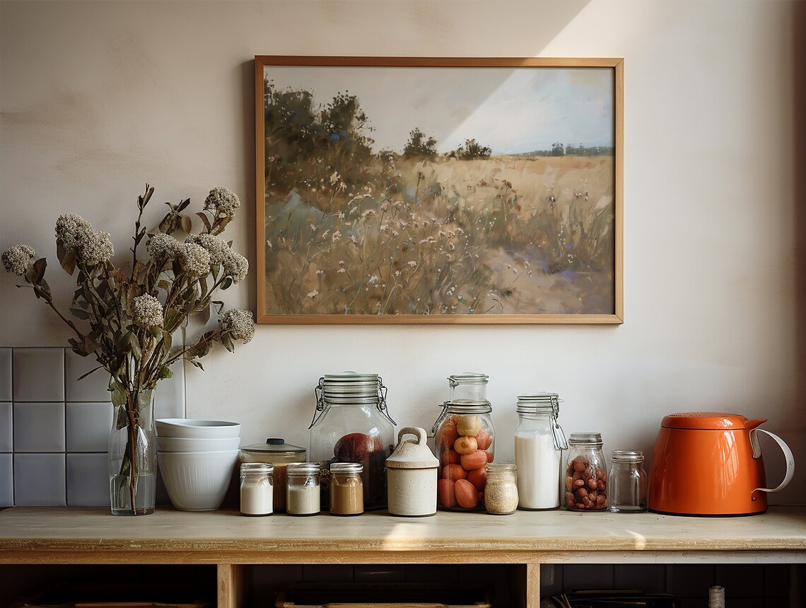 Vintage Neutral Wildflower Field Landscape Golden Meadow Poster - Image 3