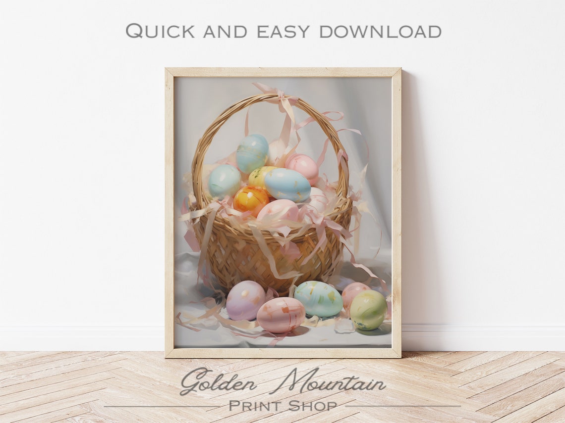 Wicker Basket of Pastel Easter Eggs with Ribbons Spring Holiday Poster - Image 3