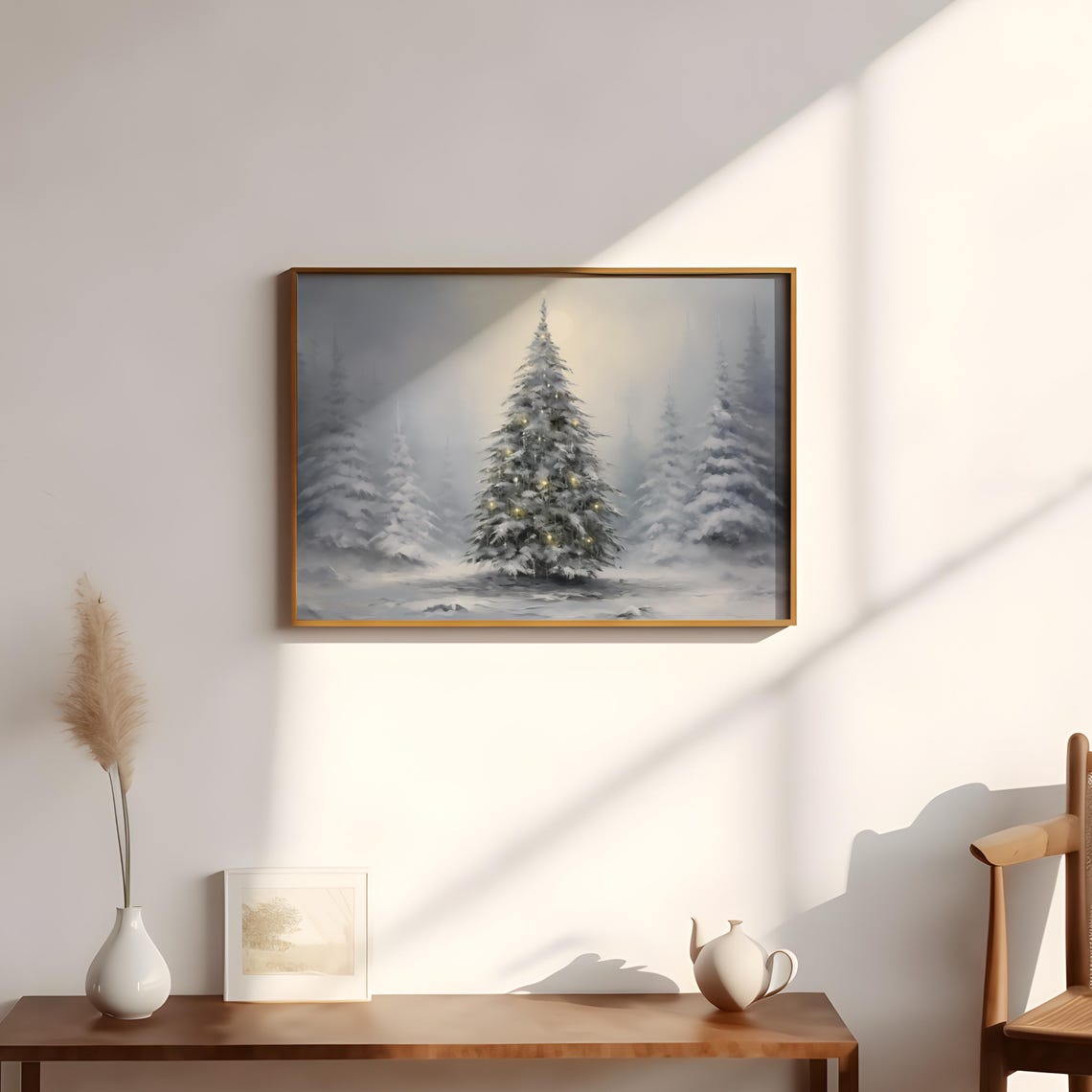 Snow Covered Christmas Tree Twinkling Lights Foggy Snowy Wall Art - Image 2