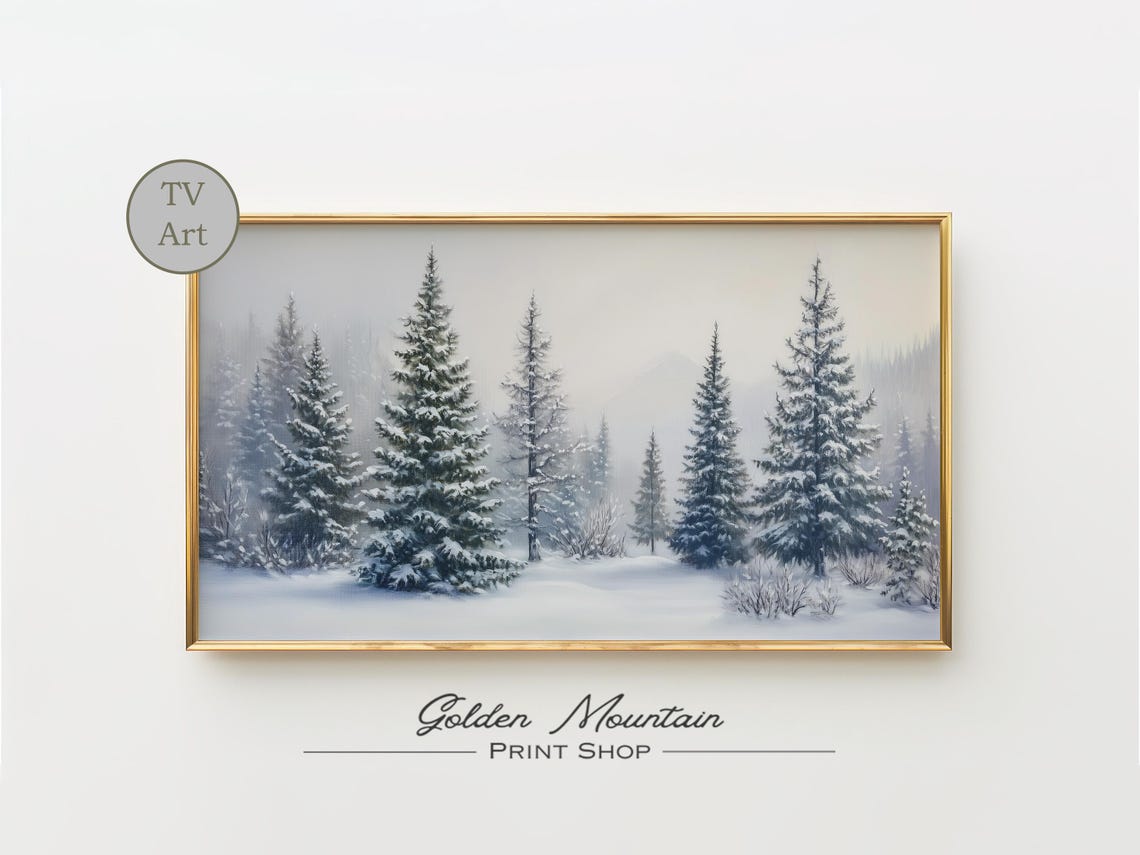 Snowy Pine Forest Foggy Dawn Winter Trees Landscape TV Wall Art