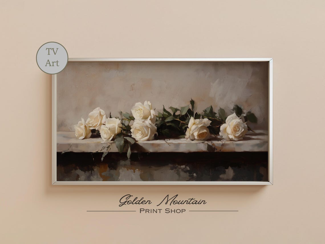 White Roses Ledge Neutral Elegant Floral Still Life Painting Poster - Image 2