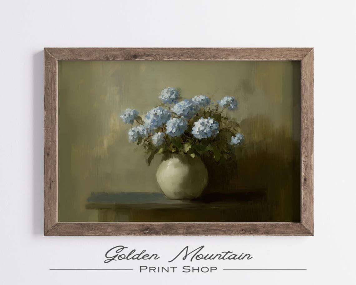 Blue Hydrangea Bouquet White Vase Vintage Oil Painting Art Print - Image 2