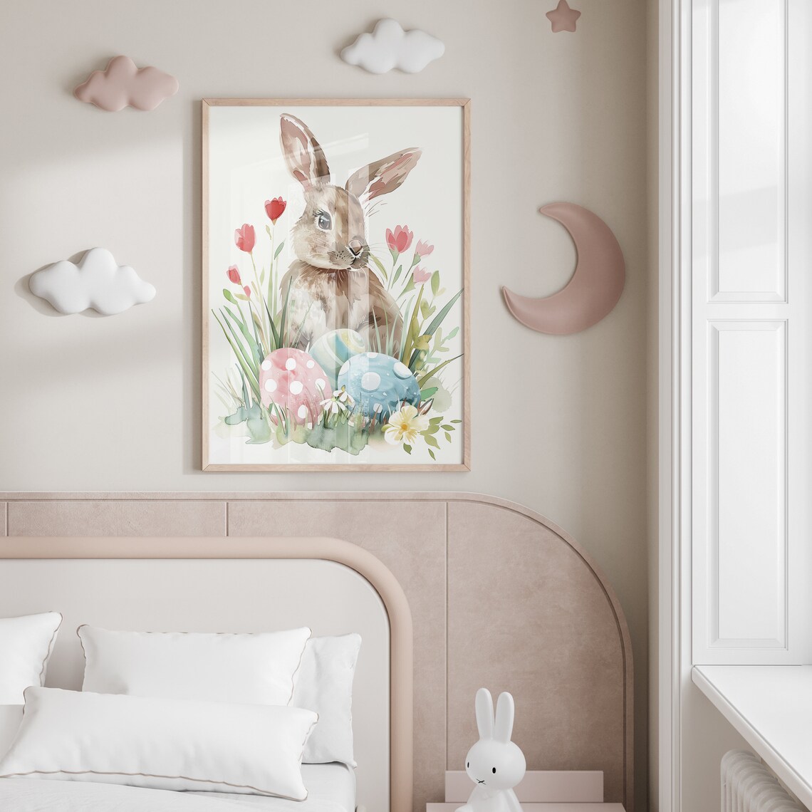 Cute Watercolor Bunny with Easter Eggs and Spring Tulips Nursery Poster - Image 2