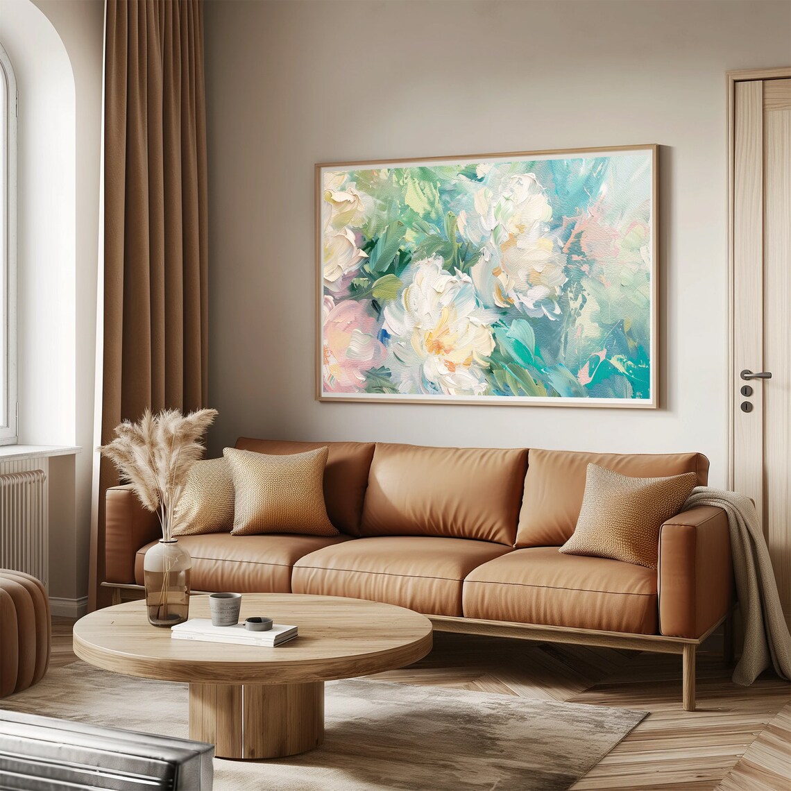 White Blossom Impasto Floral Teal Green Pink Modern Painting Wall Art - Image 3