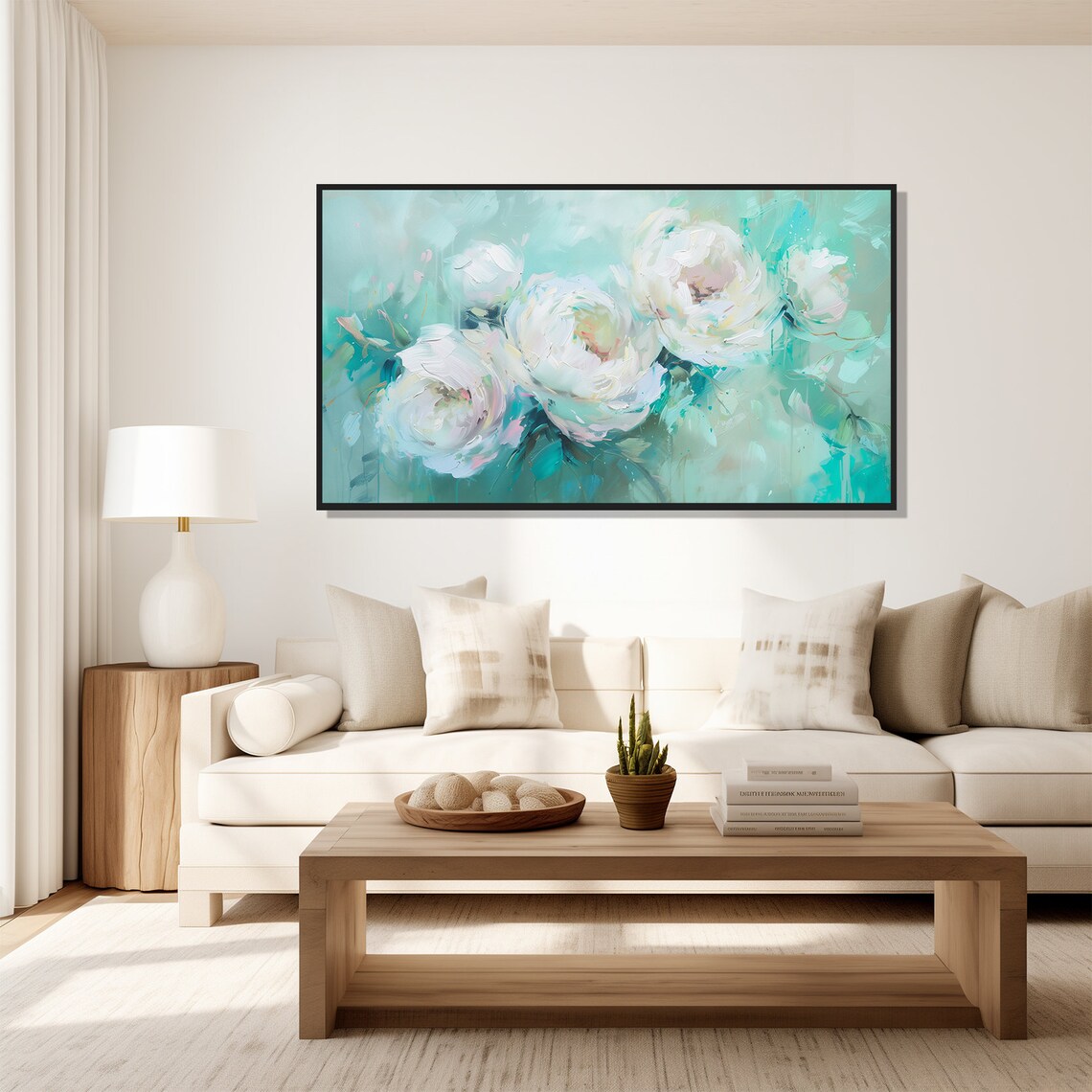 White Peonies Mint Green Impressionist Floral Modern Painting Wall Art - Image 5