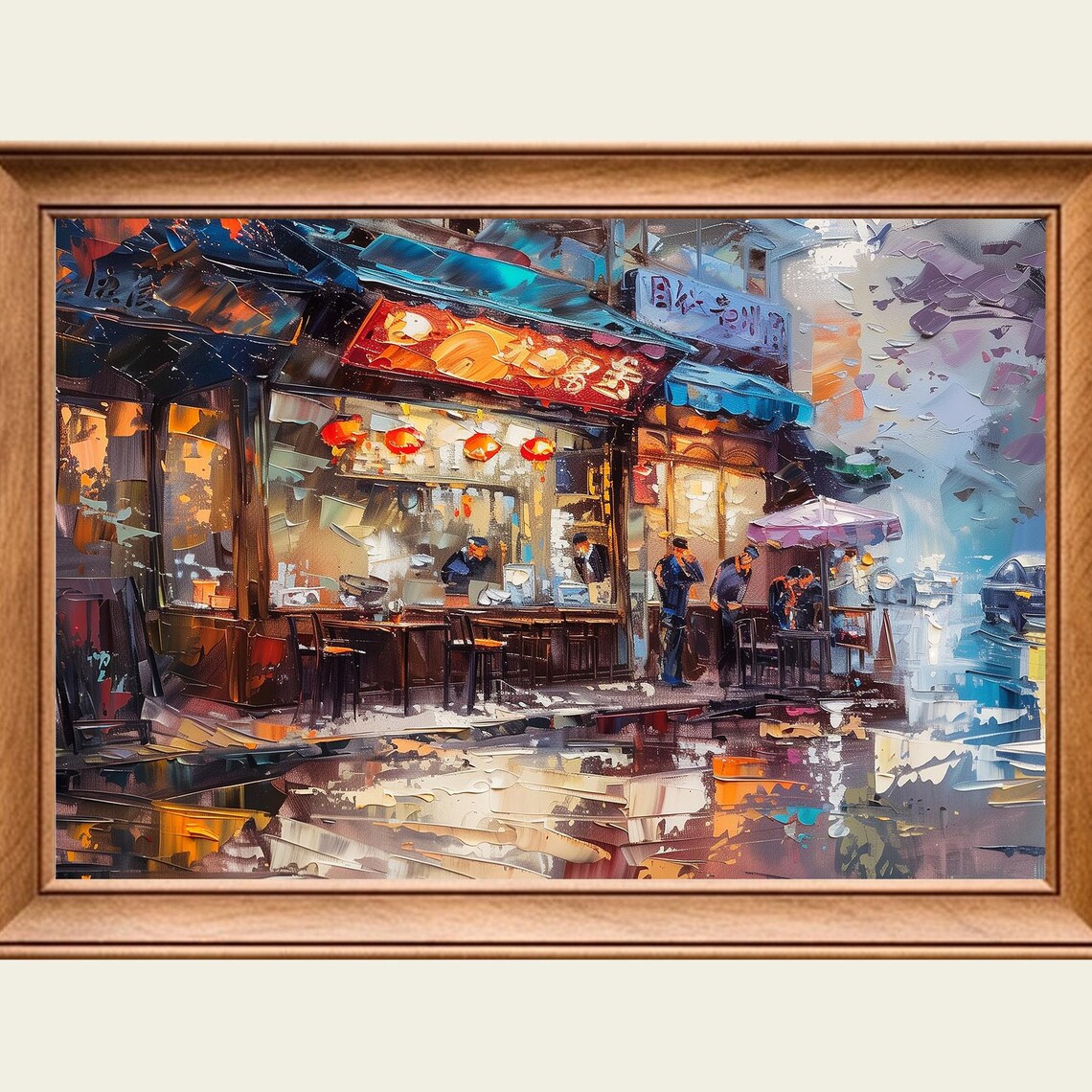 Asian Night Street Food Shop Lanterns Rainy Evening City Poster