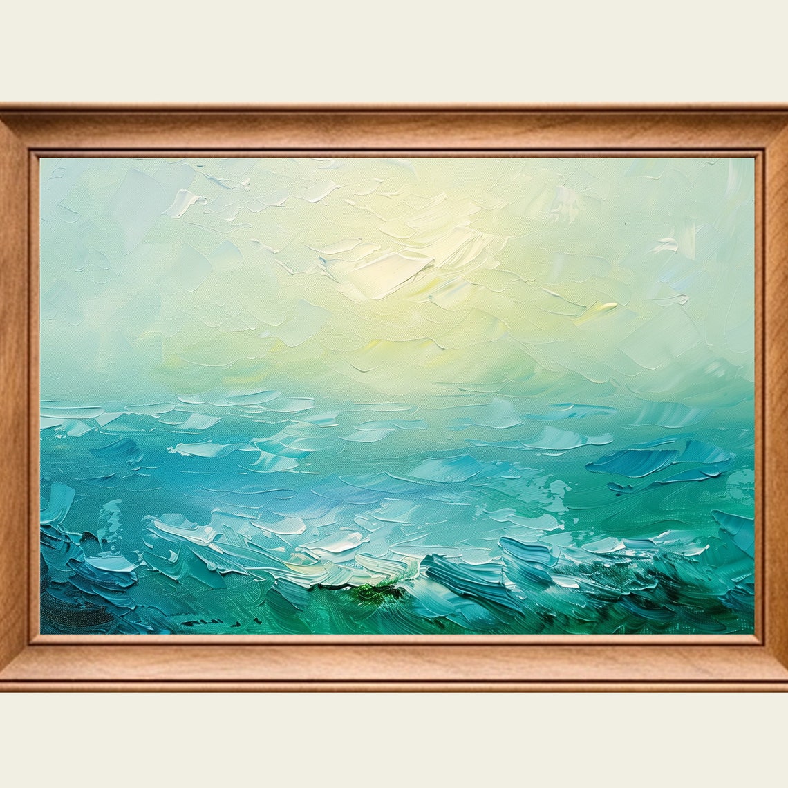 Green Sea Abstract Painting Teal Waves Misty Horizon Calm Art Poster