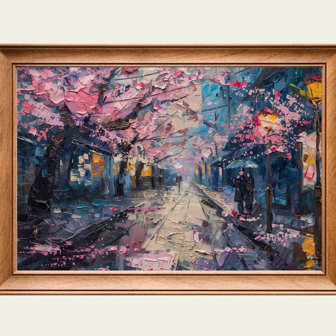 Cherry Blossom Street Rainy Night Pink Petals City Painting Wall Art
